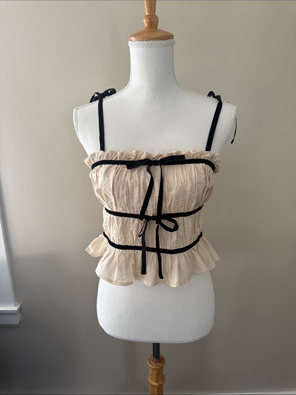 Ruffled Tie-Front Cream Cami with Black Trim